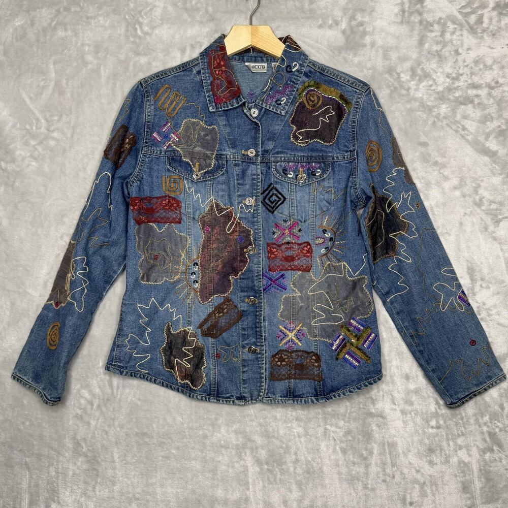 Chico's Jacket Womens 1 Medium Blue Denim Embroidered Applique Boho Mixed Media